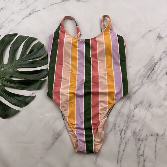 Hollister Swim Womens One Piece Swimsuit Size XL Pink Green Stripe Low Back - Picture 1 of 8